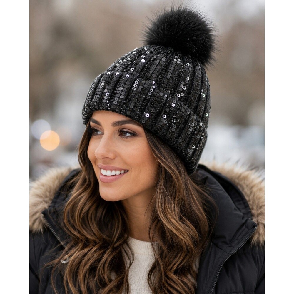 Black Sequin Beanie Hat Faux Fur Pom Pom Sparkly Winter Knit Cap